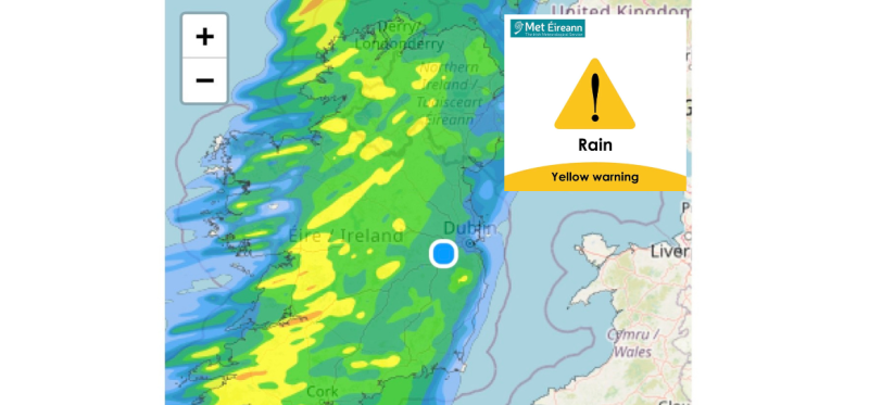 Met Eireann:  STATUS YELLOW warnings issued to three counties amid risk of flooding