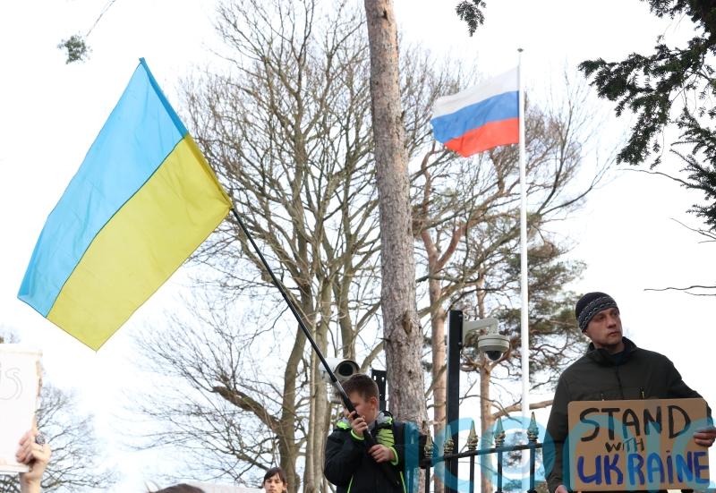 Crowds protest outside Russian Embassy marking one month since Ukraine invasion
