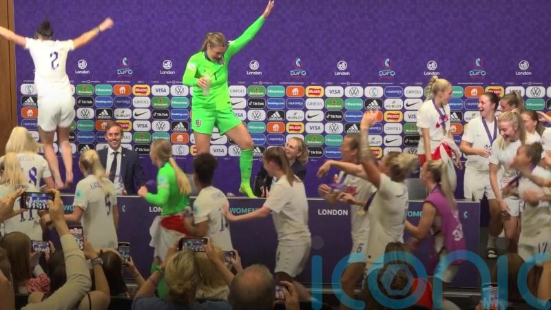 Jubilant England players gate-crash press conference after Euro final triumph