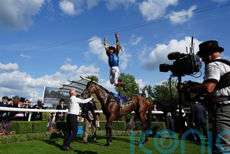 Dettori jumping for joy after getting off the mark at final Royal Ascot